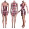Cute checkered striped print hanging neck strap fake two-piece casual pants set