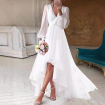 Solid V-neck slim fit long sleeved waist cinching women's long dress