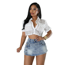 Elastic women's sexy skirt with buttons and multiple pockets denim shorts