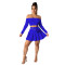 Solid color off shoulder long sleeved pleated short skirt set