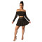 Solid color off shoulder long sleeved pleated short skirt set