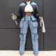Leisure splicing multi mouth pocket organ jeans and pants