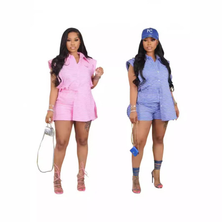 Beautiful women's striped short sleeved shirts and shorts