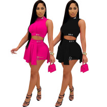 Fashion women's sleeveless top, fake two-piece pants skirt design, skirt set