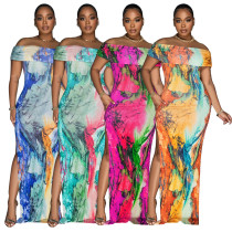 Hot selling one shoulder sexy high slit printed dress