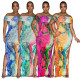 Hot selling one shoulder sexy high slit printed dress
