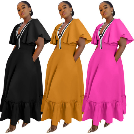Fashionable women's pocket ruffle sleeve V-neck contrasting patchwork dress