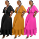 Fashionable women's pocket ruffle sleeve V-neck contrasting patchwork dress
