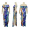 Hot selling one shoulder sexy high slit printed dress