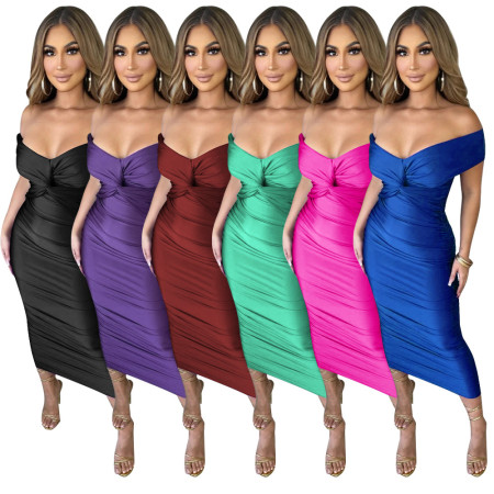 Fashionable women's sexy solid color V-neck pleated dress