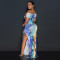 Hot selling one shoulder sexy high slit printed dress