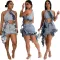 Fashionable wooden ear edge elastic washing zipper casual denim skirt set