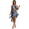 Fashionable wooden ear edge elastic washing zipper casual denim skirt set