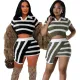 Flip collar short sleeved striped color matching knitted slim fit bag buttocks phoenix tail skirt two-piece set