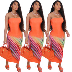 Wrapped chest and off shoulder colorful striped dress