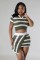 Flip collar short sleeved striped color matching knitted slim fit bag buttocks phoenix tail skirt two-piece set