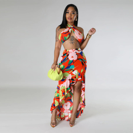 Summer versatile lotus leaf swing split skirt set