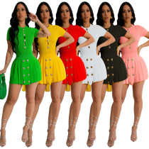 Fashion casual sexy hollow button knit short sleeved two-piece set