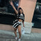 Flip collar short sleeved striped color matching knitted slim fit bag buttocks phoenix tail skirt two-piece set