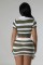 Flip collar short sleeved striped color matching knitted slim fit bag buttocks phoenix tail skirt two-piece set