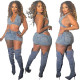 Washed stretch denim casual sexy skirt set