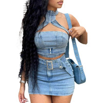 Water washed elastic denim hanging neck zipper sexy casual dress set