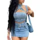 Water washed elastic denim hanging neck zipper sexy casual dress set