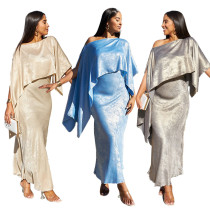 Off the shoulder short sleeved dress, one shoulder sexy long dress set, two-piece set