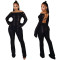 Fashionable casual hollowed out and perforated open back knitted buttocks slim fit jumpsuit