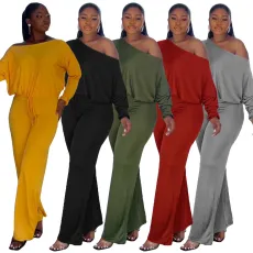 Fashionable casual solid color bat sleeve drawstring jumpsuit