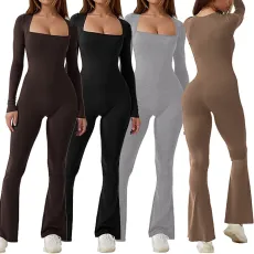 Women's long sleeved waist cinching and hip lifting square neckline slightly flared high elastic jumpsuit