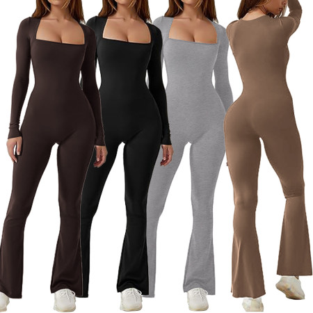 Women's long sleeved waist cinching and hip lifting square neckline slightly flared high elastic jumpsuit
