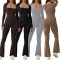 Women's long sleeved waist cinching and hip lifting square neckline slightly flared high elastic jumpsuit