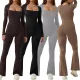 Women's long sleeved waist cinching and hip lifting square neckline slightly flared high elastic jumpsuit