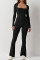 Women's long sleeved waist cinching and hip lifting square neckline slightly flared high elastic jumpsuit