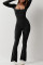 Women's long sleeved waist cinching and hip lifting square neckline slightly flared high elastic jumpsuit