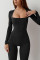 Women's long sleeved waist cinching and hip lifting square neckline slightly flared high elastic jumpsuit