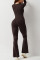 Women's long sleeved waist cinching and hip lifting square neckline slightly flared high elastic jumpsuit