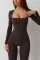 Women's long sleeved waist cinching and hip lifting square neckline slightly flared high elastic jumpsuit