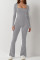 Women's long sleeved waist cinching and hip lifting square neckline slightly flared high elastic jumpsuit