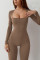 Women's long sleeved waist cinching and hip lifting square neckline slightly flared high elastic jumpsuit
