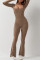 Women's long sleeved waist cinching and hip lifting square neckline slightly flared high elastic jumpsuit