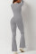 Women's long sleeved waist cinching and hip lifting square neckline slightly flared high elastic jumpsuit