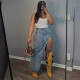 Fashionable women's side slit denim half length skirt