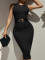 Solid V-neck sleeveless vest with hip wrap skirt, fashionable and elegant dress