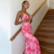 Fashionable printed backless hanging neck tie slim fit fishtail dress