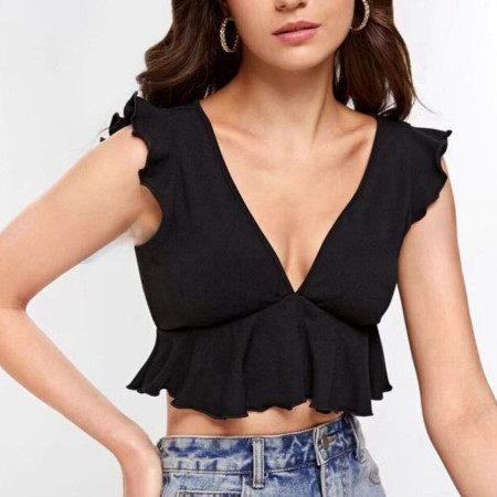 New solid color V-neck ruffled edge short tank top for women