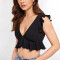 New solid color V-neck ruffled edge short tank top for women