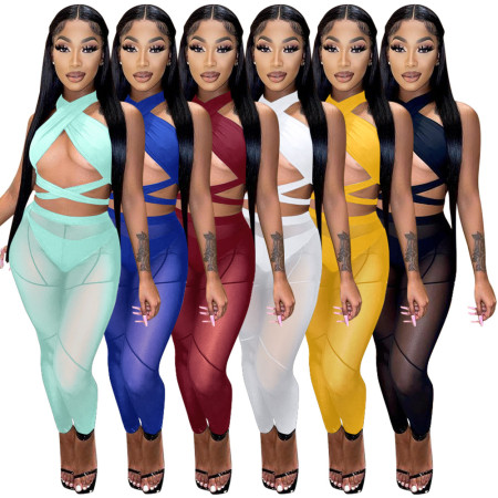 Sexy hollow neck hanging cross mesh splicing perspective three piece set