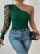 New diagonal shoulder single sleeve polka dot mesh patchwork long sleeved waist slimming women's top T